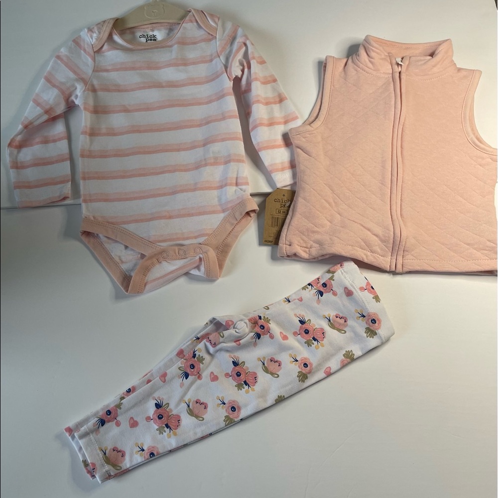 NWT Chick Pea Baby Girl 3-pc Bodysuit With Vest And Leggings Size: 12MColor:Pink